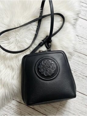 Brighton Ferrara Black Leather Crossbody with Embossed Medallion